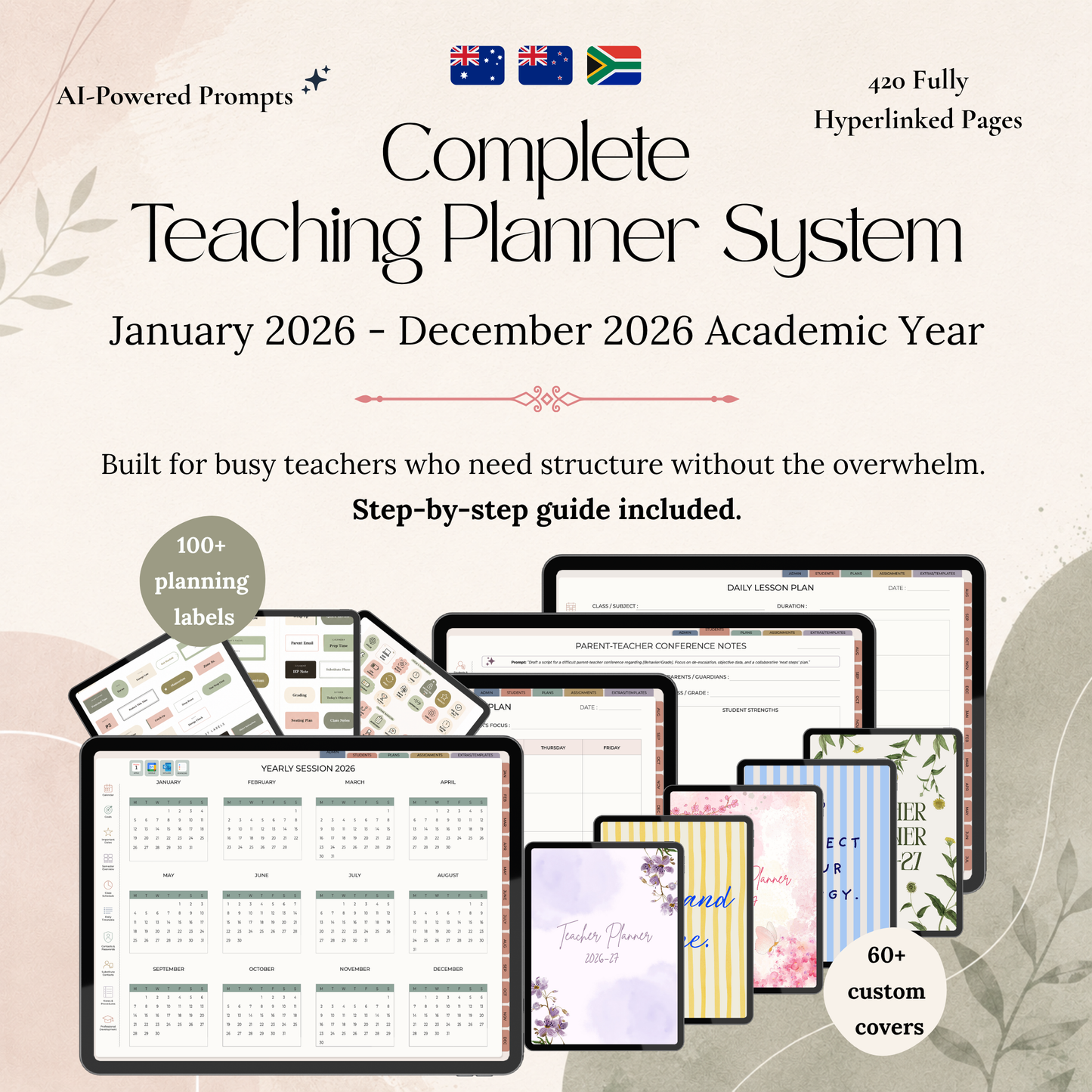 Complete Teaching Planner System for the 2026 academic year with various planner pages displayed.