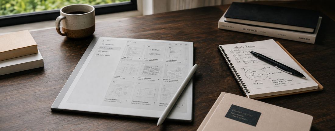 Organized reMarkable workspace showing digital notes on an e-paper tablet and notebook.