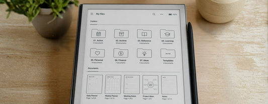 Organized folders on reMarkable showing a clean file system with active, archive, and reference sections