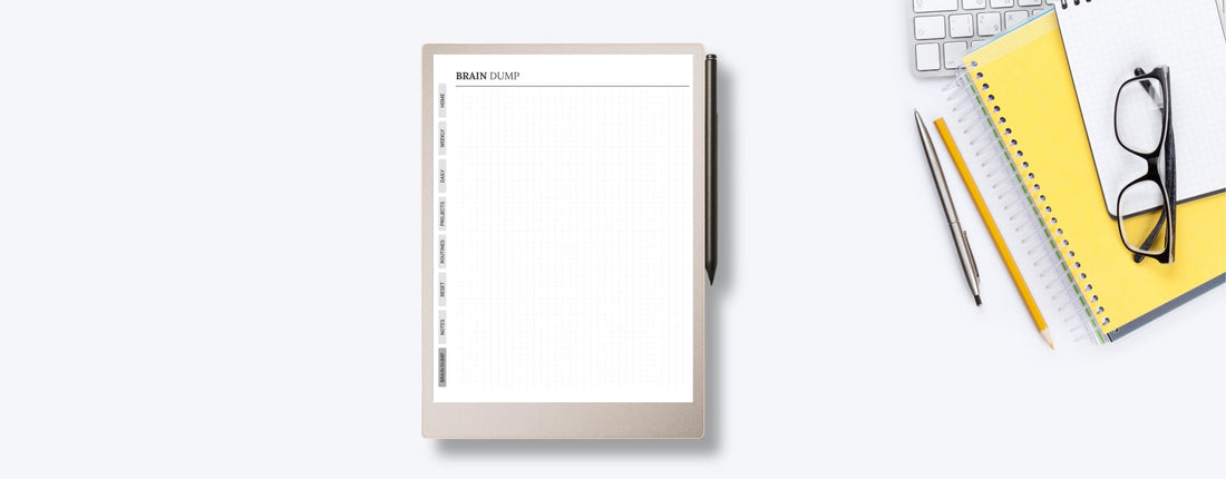 reMarkable on a desk with a planpro template page opened on Brain Dump section
