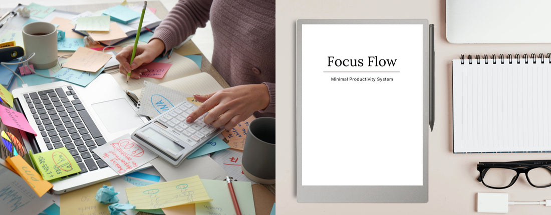 chaotic desk on the left, focus flow reMarkable planner on the right