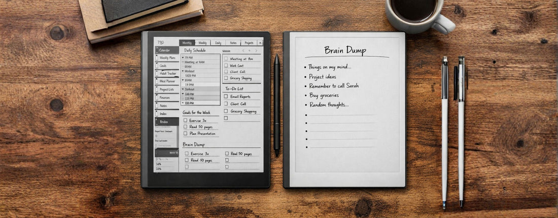 Two reMarkable tablets showing a complex planner with multiple tabs and a simple brain dump page for minimalist digital planning