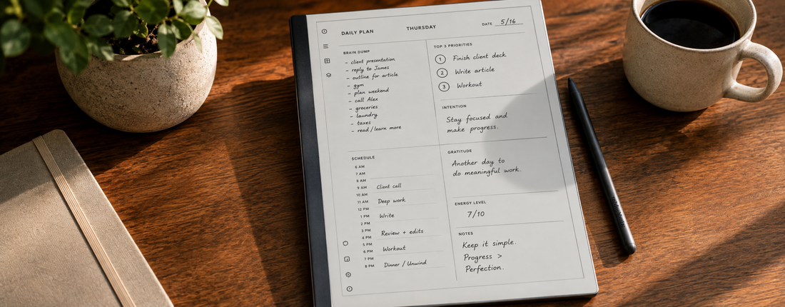 reMarkable tablet with a daily planner page on a wooden desk, showing a simple morning routine for productivity, focus, and planning.