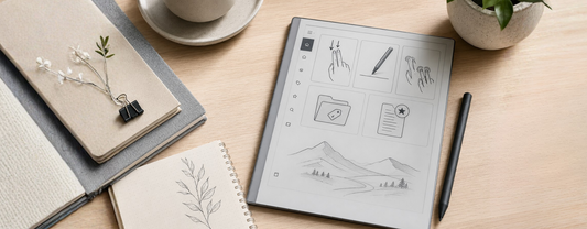 Minimalist workspace with a reMarkable tablet, stylus, notebook, and coffee cup.