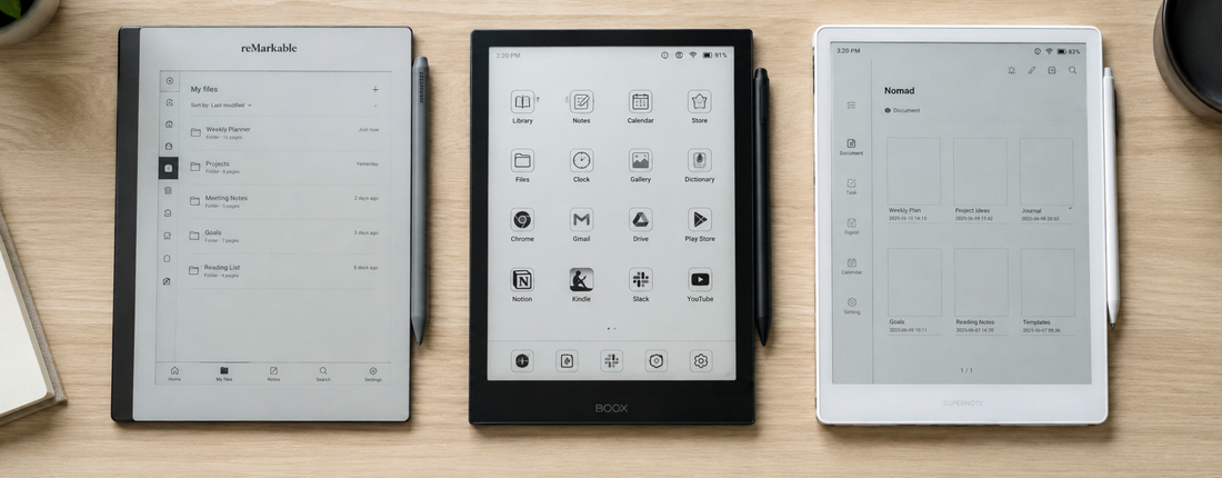 Comparison of reMarkable, BOOX, and Supernote e-ink tablets for digital planning, note-taking, and hyperlinked PDF planners.