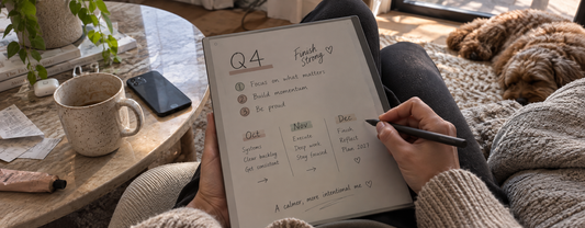 A reMarkable tablet displaying a handwritten Q4 planning page on a warm, lived-in autumn workspace with coffee, notebooks, a candle and a small pumpkin.