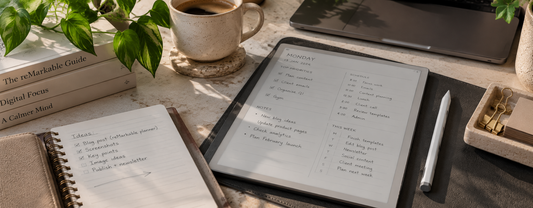reMarkable tablet on a minimalist desk with a digital planner, stylus, coffee and notebook in a calm workspace.