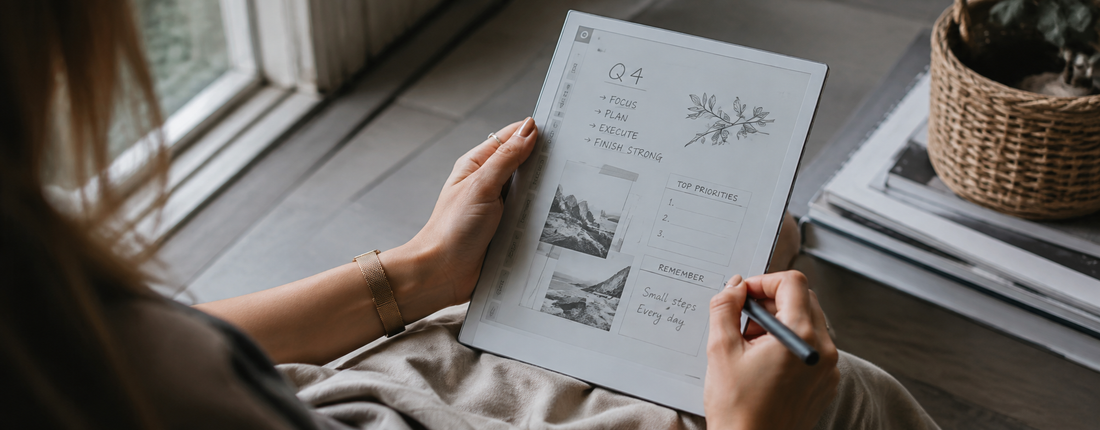 Person using a reMarkable tablet to plan Q4 goals, priorities and daily tasks for a productive end to 2026.