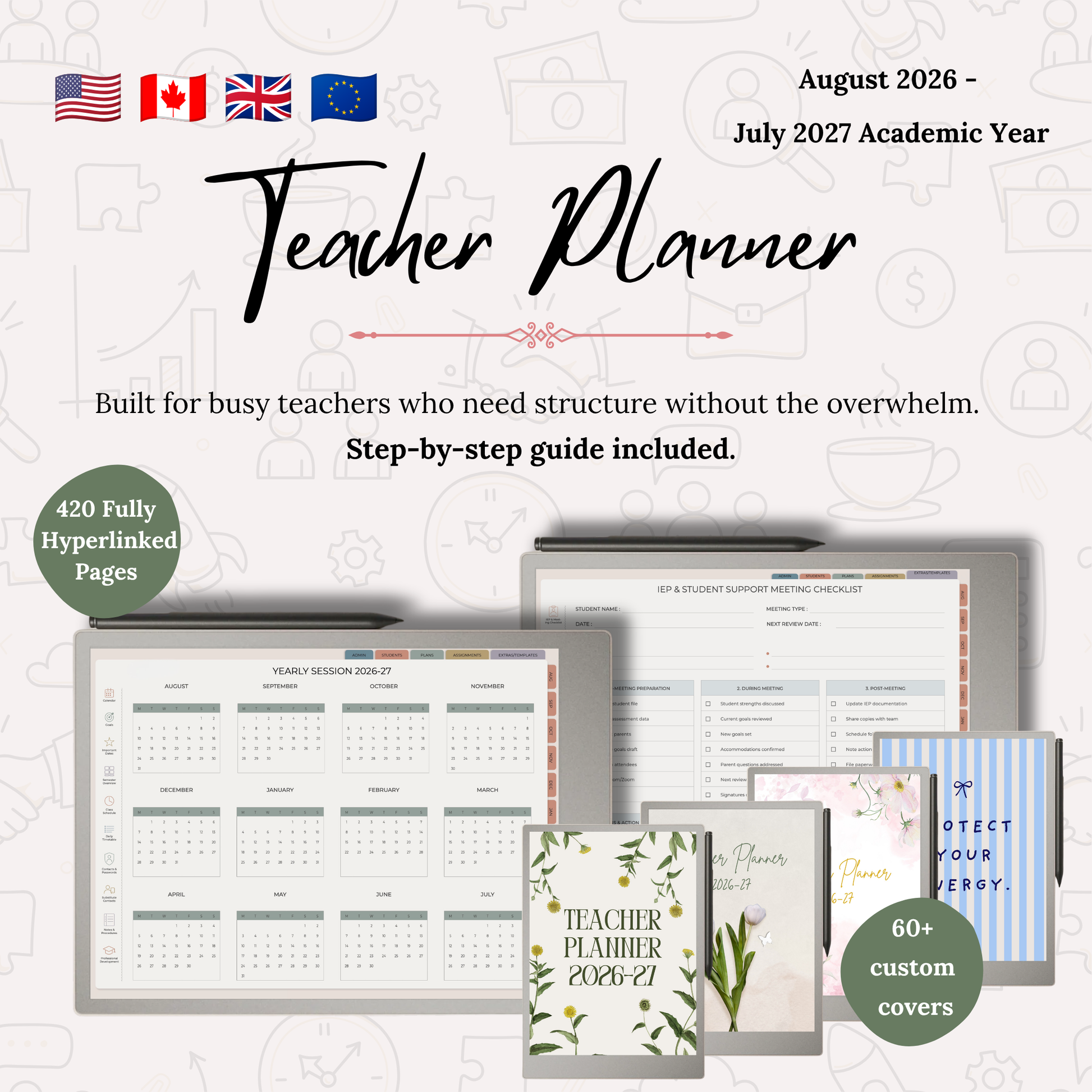 Teacher planner for reMarkable with various pages and a cover on a white background with text about the academic year and features.