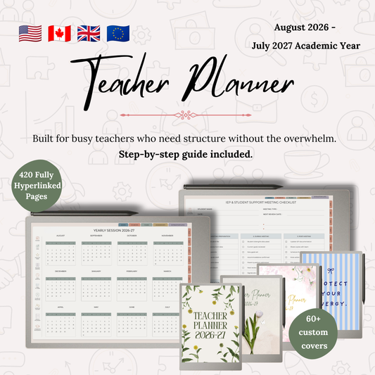 Teacher planner for reMarkable with various pages and a cover on a white background with text about the academic year and features.