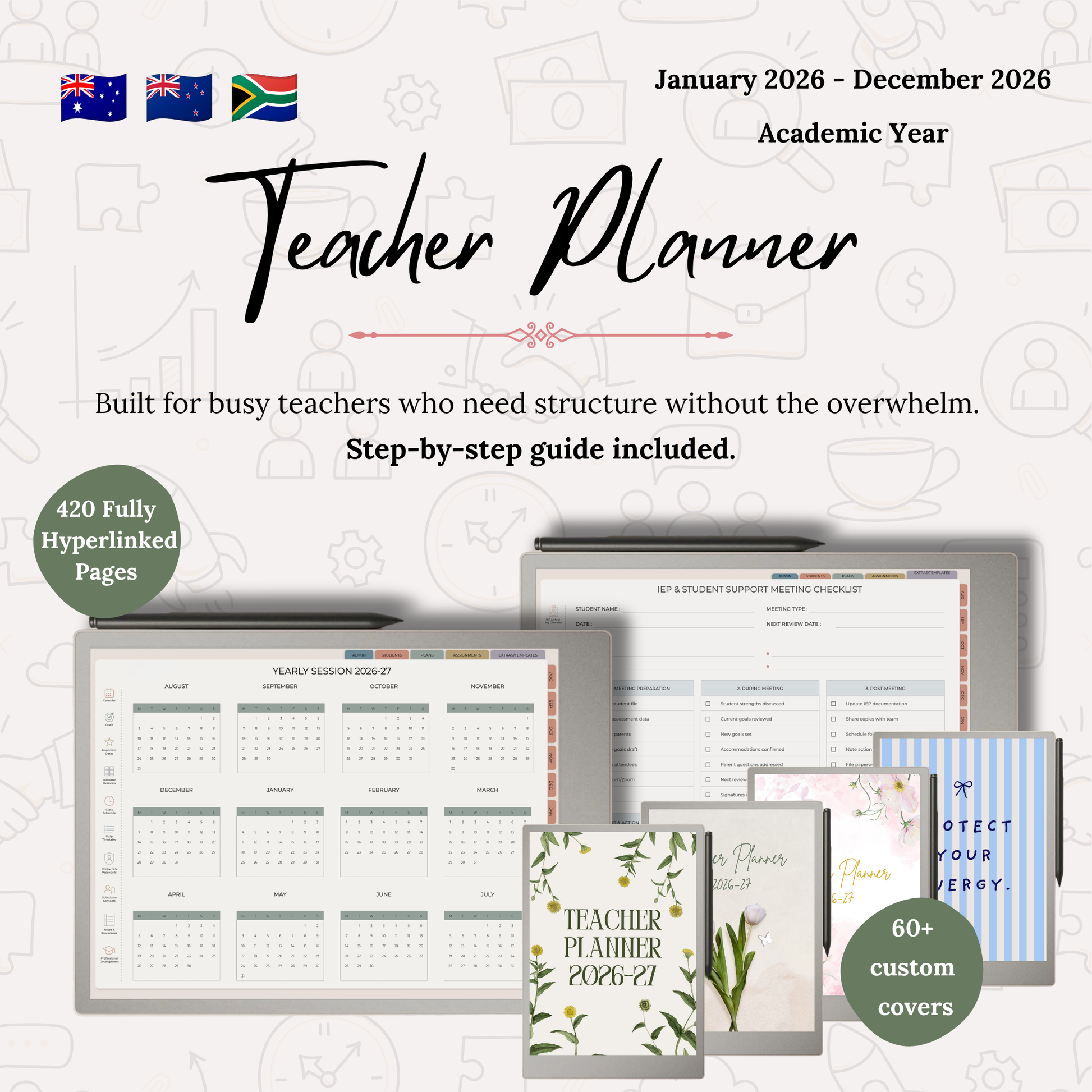 Teacher planner for reMarkable with various pages and a cover on a white background with text about the academic year and features.