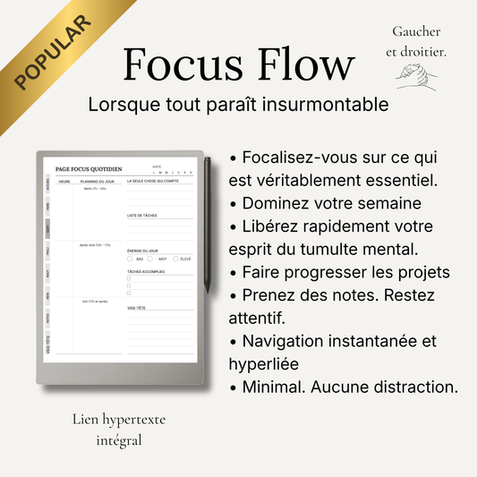 Digital product packaging for 'Focus Flow' with text and a pen on a white background