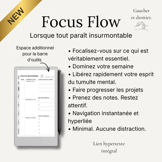 Advertisement for 'Focus Flow' app on a tablet with text about its features.