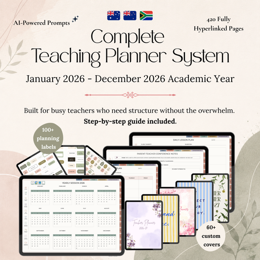 Complete Teaching Planner System for the 2026 academic year with various planner pages displayed.