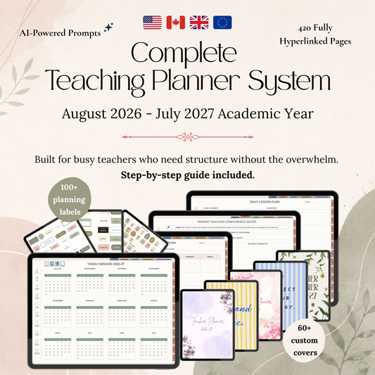 Complete Teaching Planner System with various planner pages and text on a light background