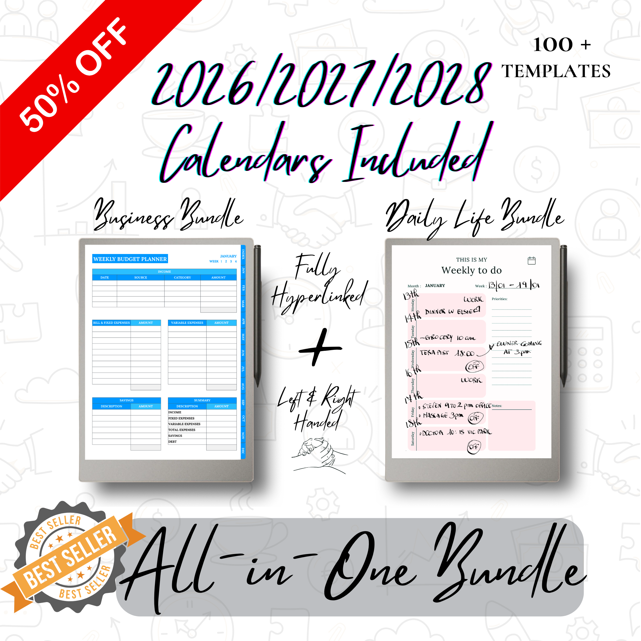 Promotional graphic for a business and daily life planner bundle with templates for 2026, 2027, and 2028.