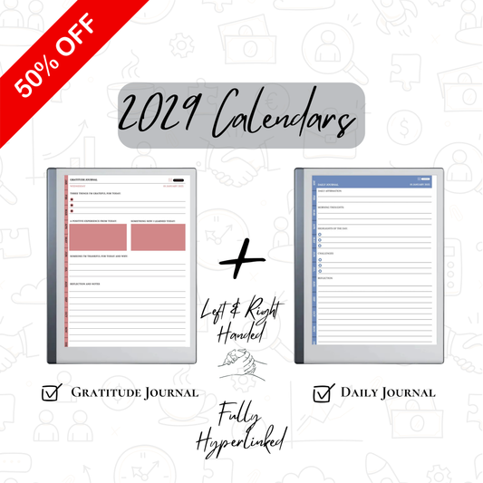 Promotional image of 2029ncalendars with a 50% off discount, featuring gratitude and daily journals.