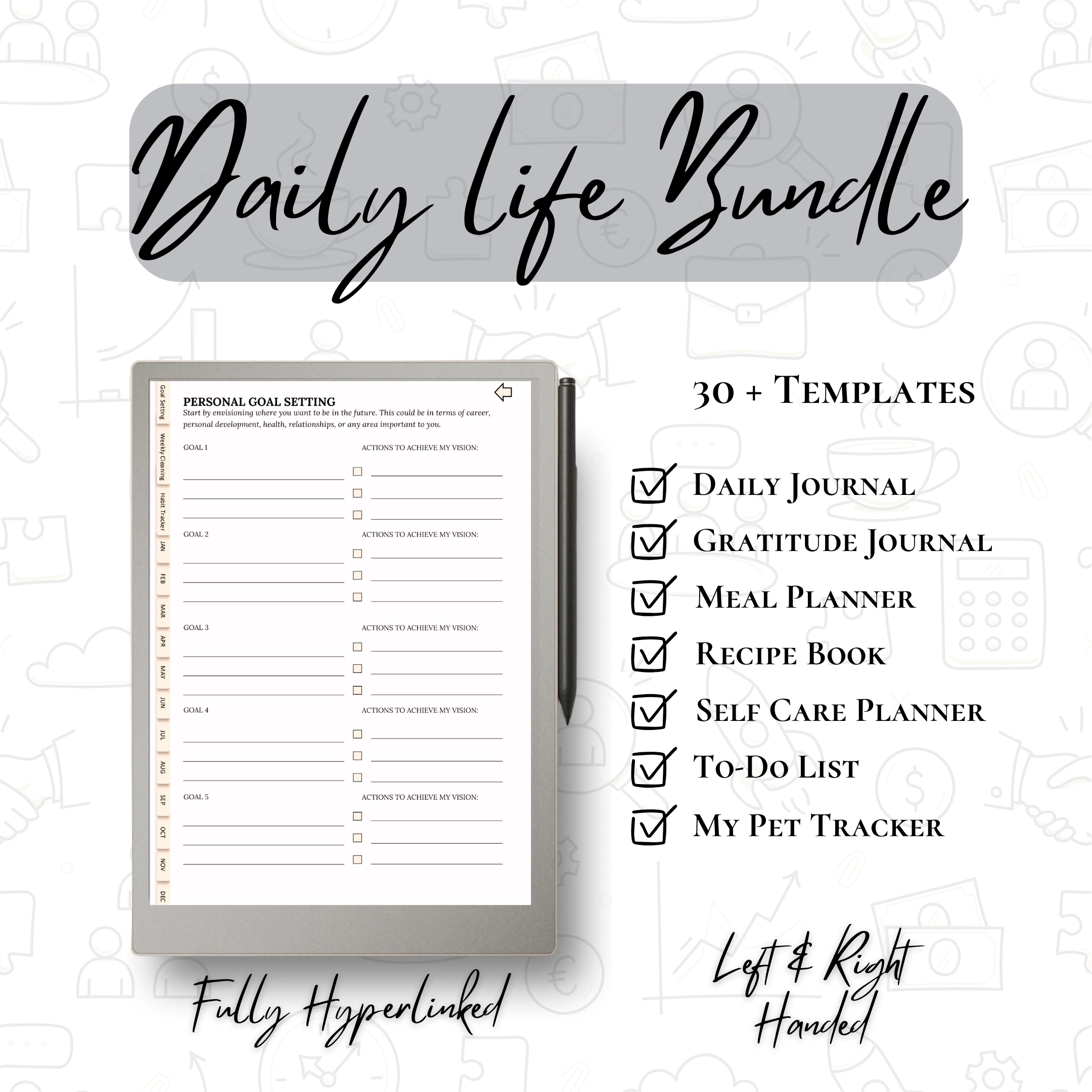 Daily life bundle with templates for daily journal, gratitude journal, meal planner, recipe book, self-care planner, to-do list, and pet tracker on a white background.