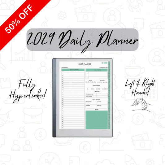 2029 Daily Planner on a digital device with promotional text on a white background
