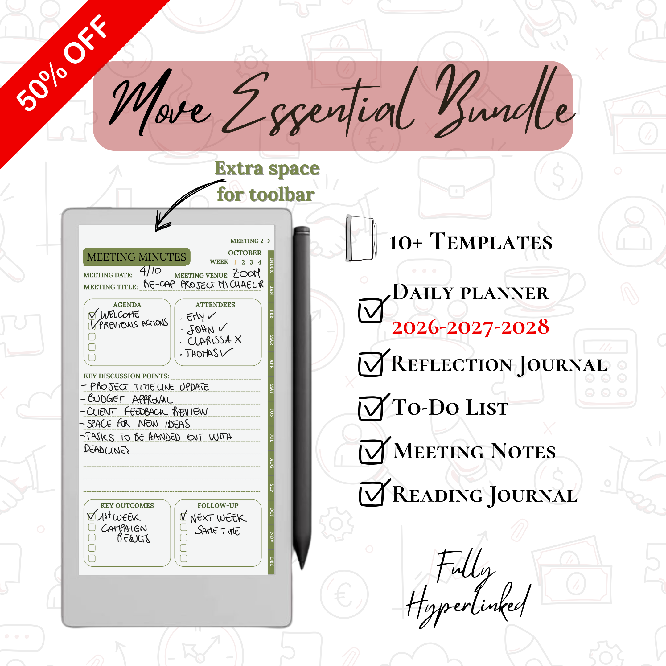 Digital planner with meeting minutes displayed on a white background, featuring text about the 'Move Essential Bundle' offer.