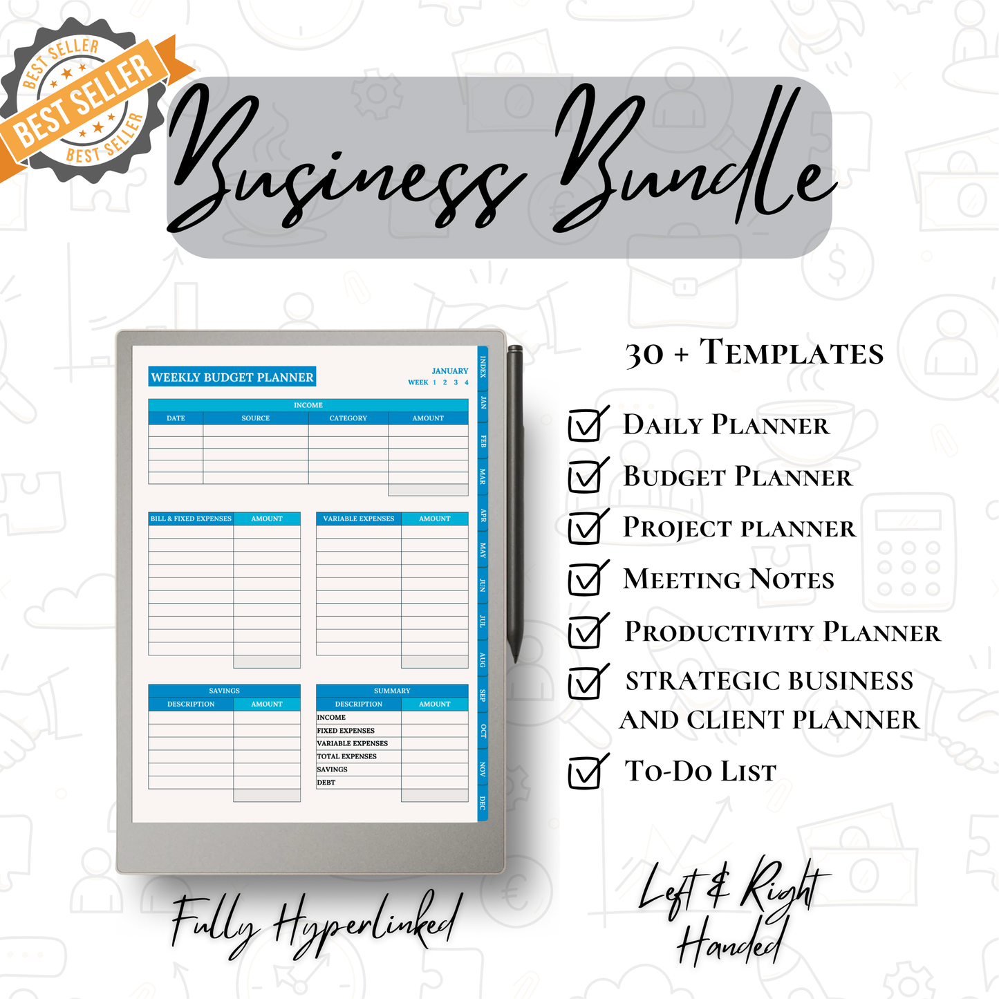 Weekly budget planner with product bundle description on a white background