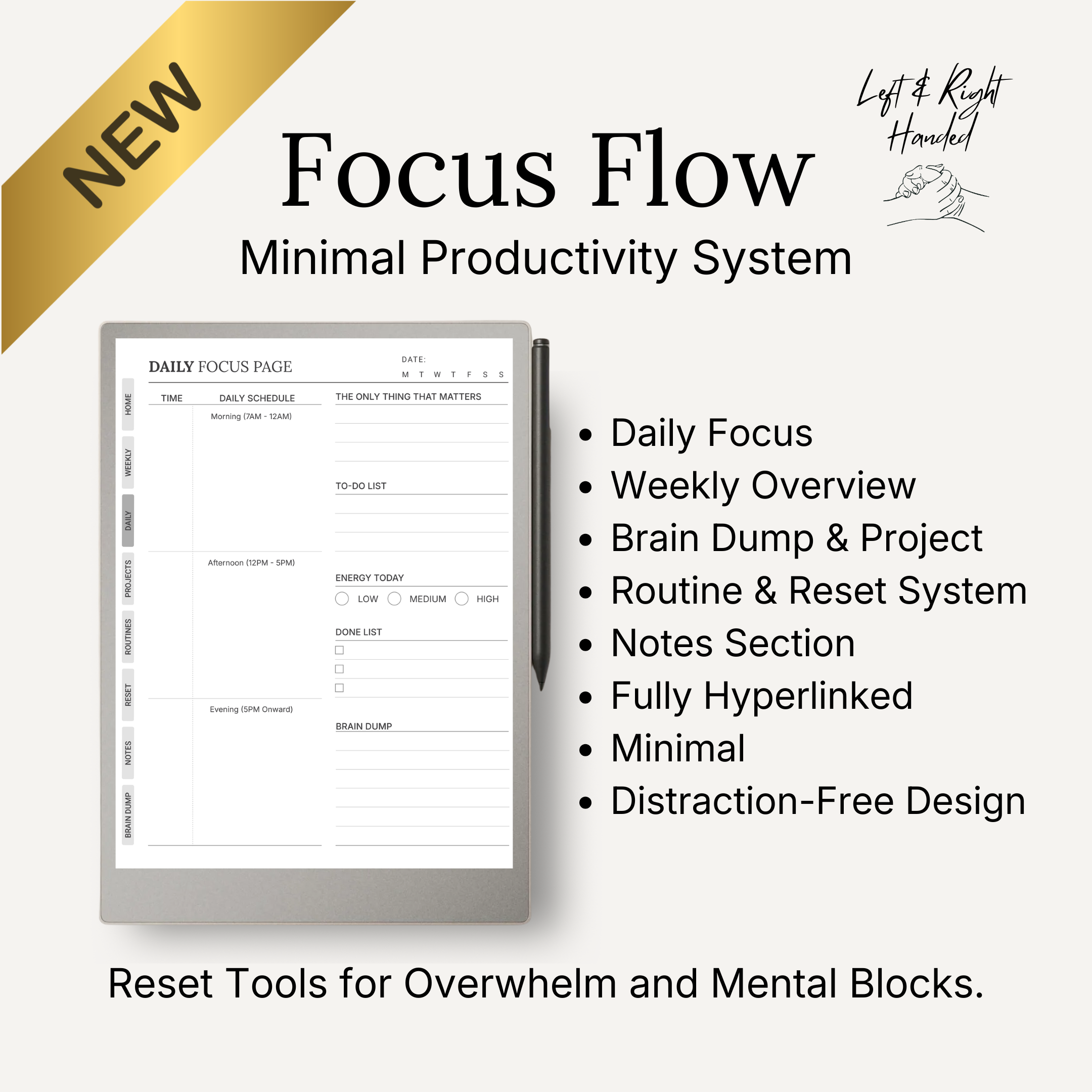 Productivity system with daily focus page and features listed on a white background