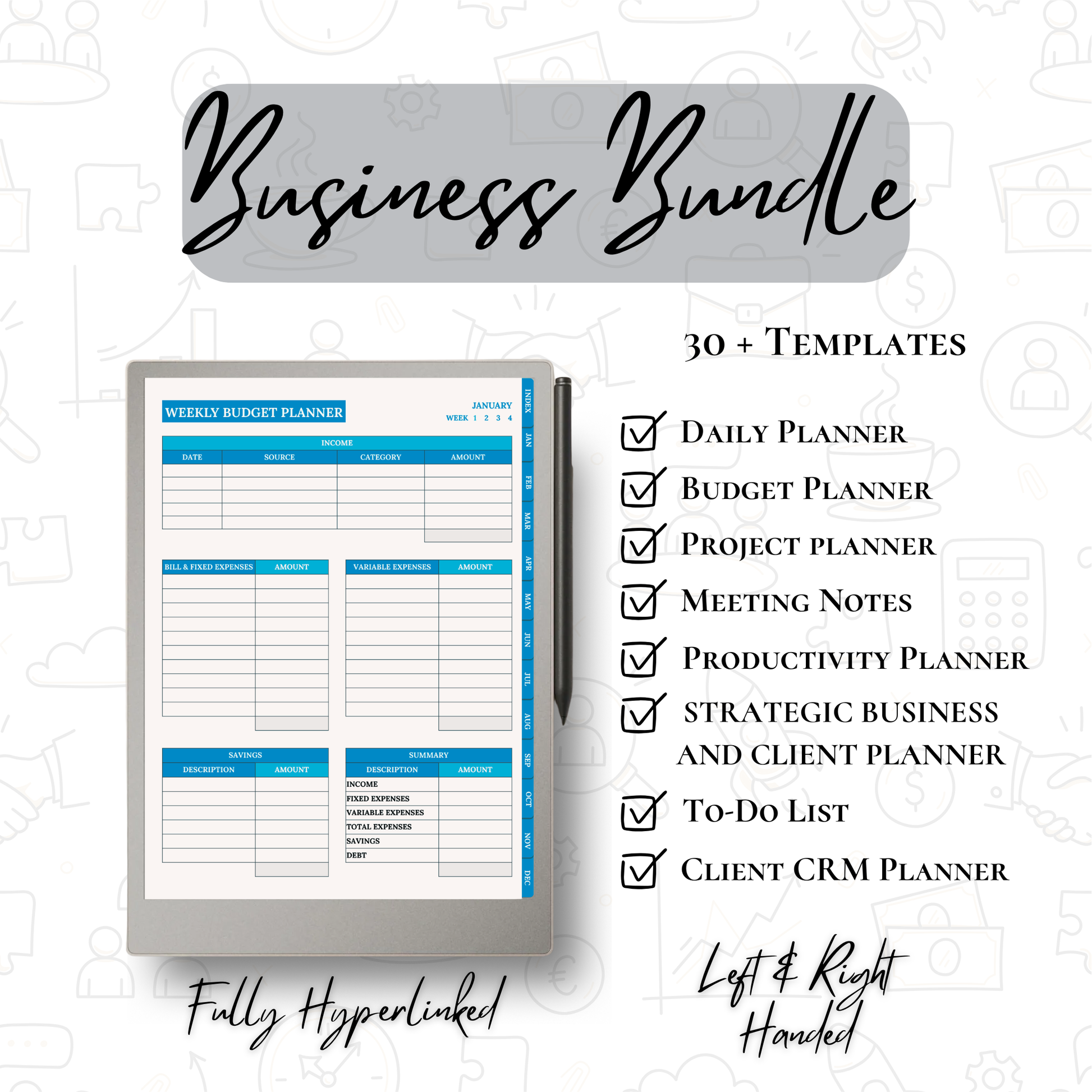 Weekly budget planner with text detailing a business bundle offer on a white background
