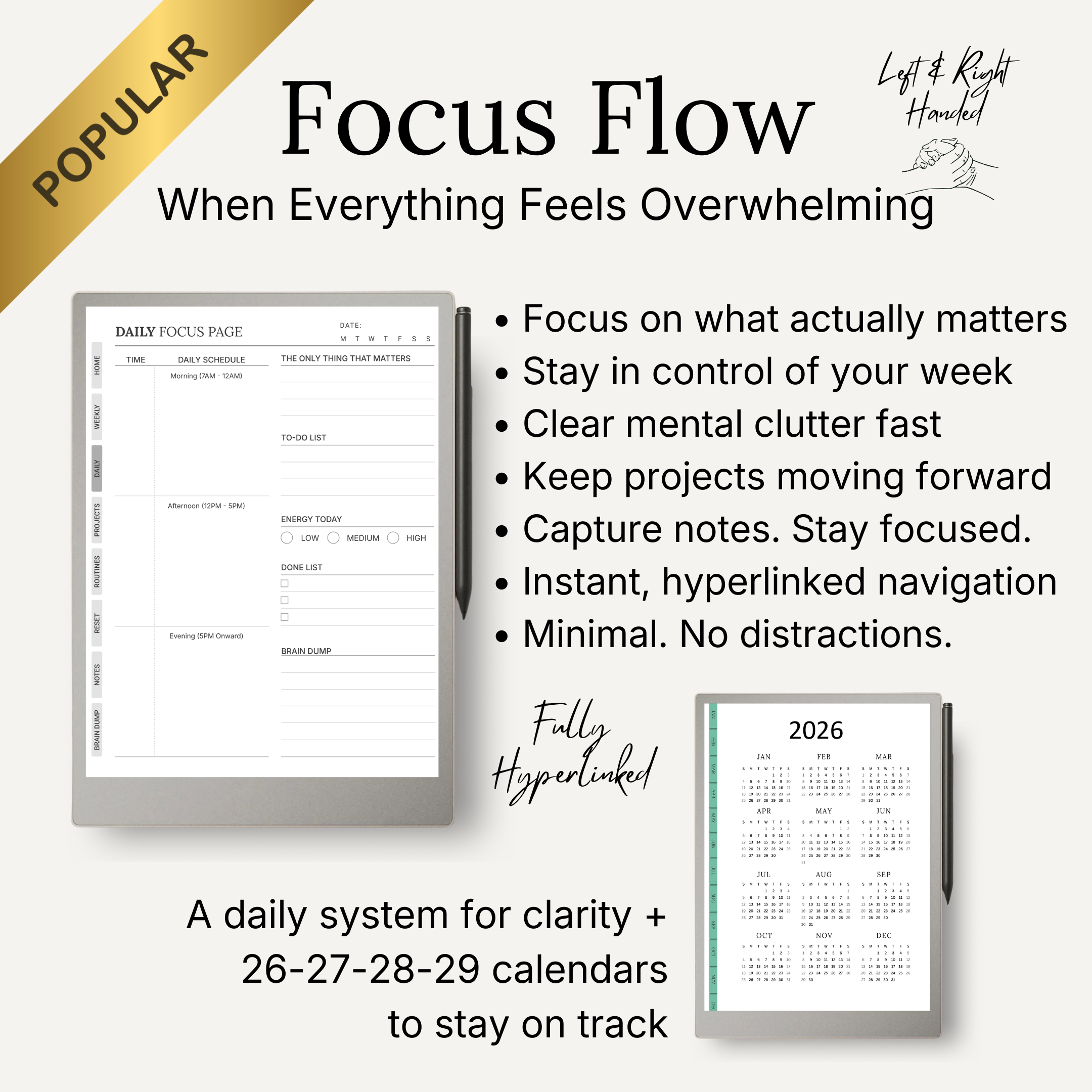 Focus Flow product with daily focus page and calendar on a white background