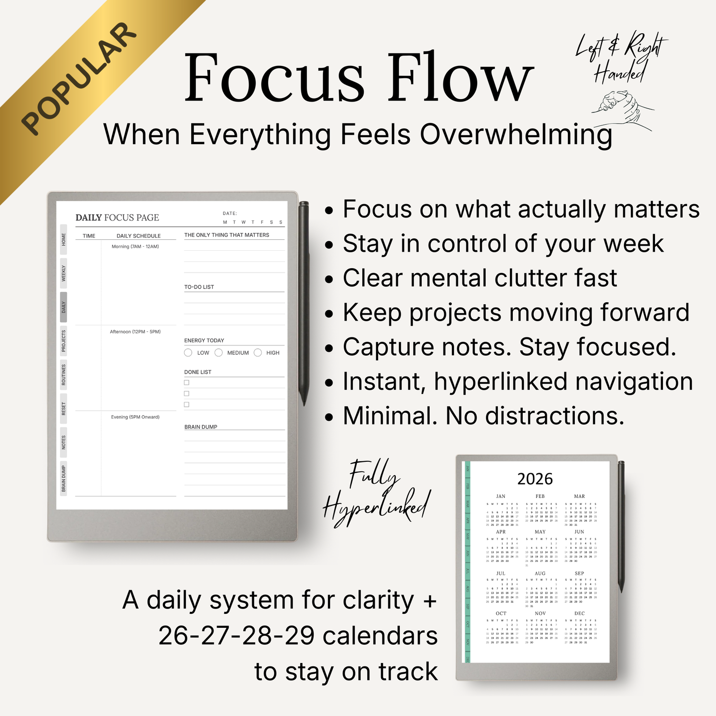 Focus Flow product with daily focus page and calendar on a white background