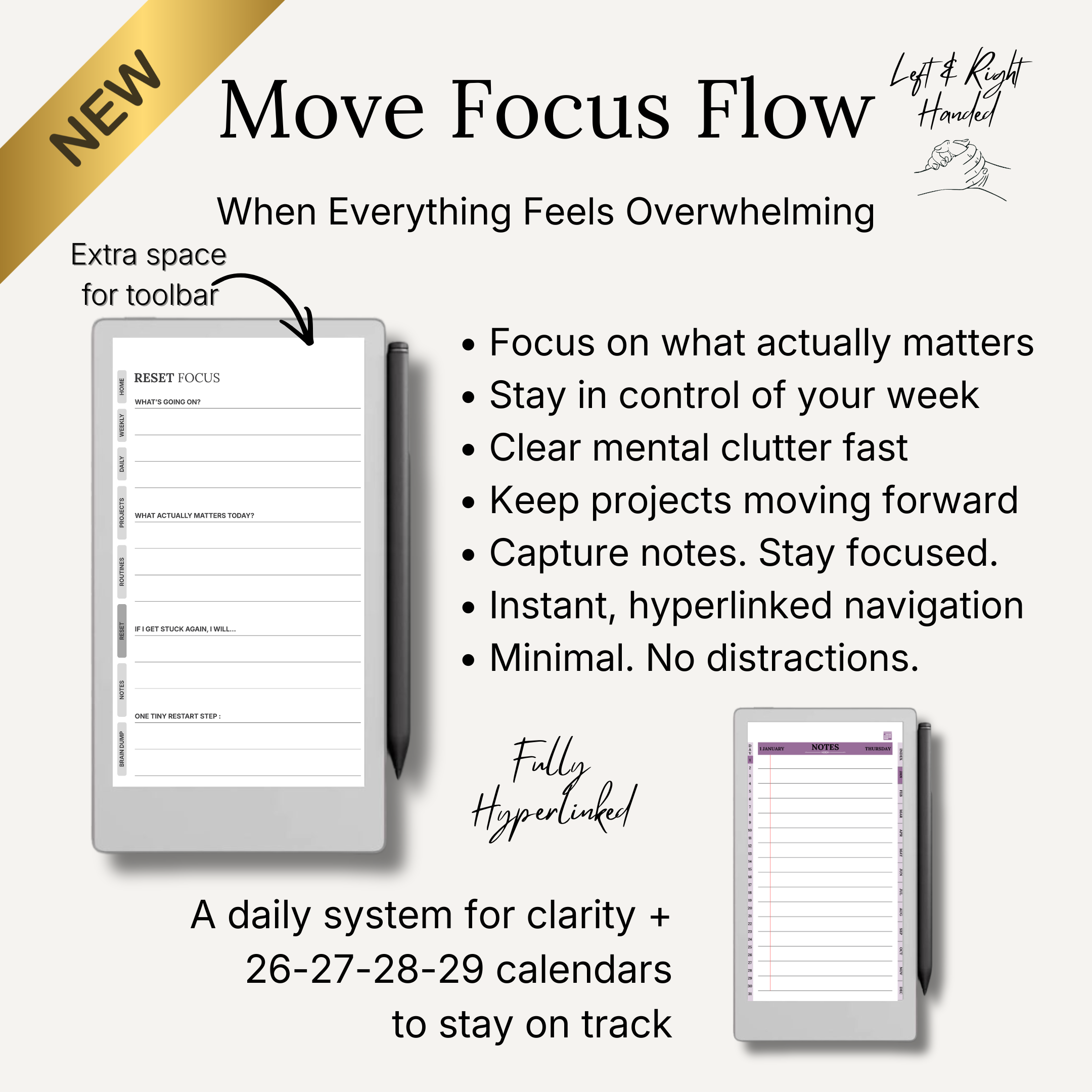 Product advertisement for 'Move Focus Flow' with text and images of a digital device displaying a calendar.