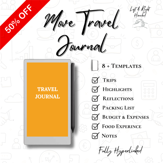 Travel journal with yellow cover and text detailing features on a white background for reMarkable Paper Pro MOVE