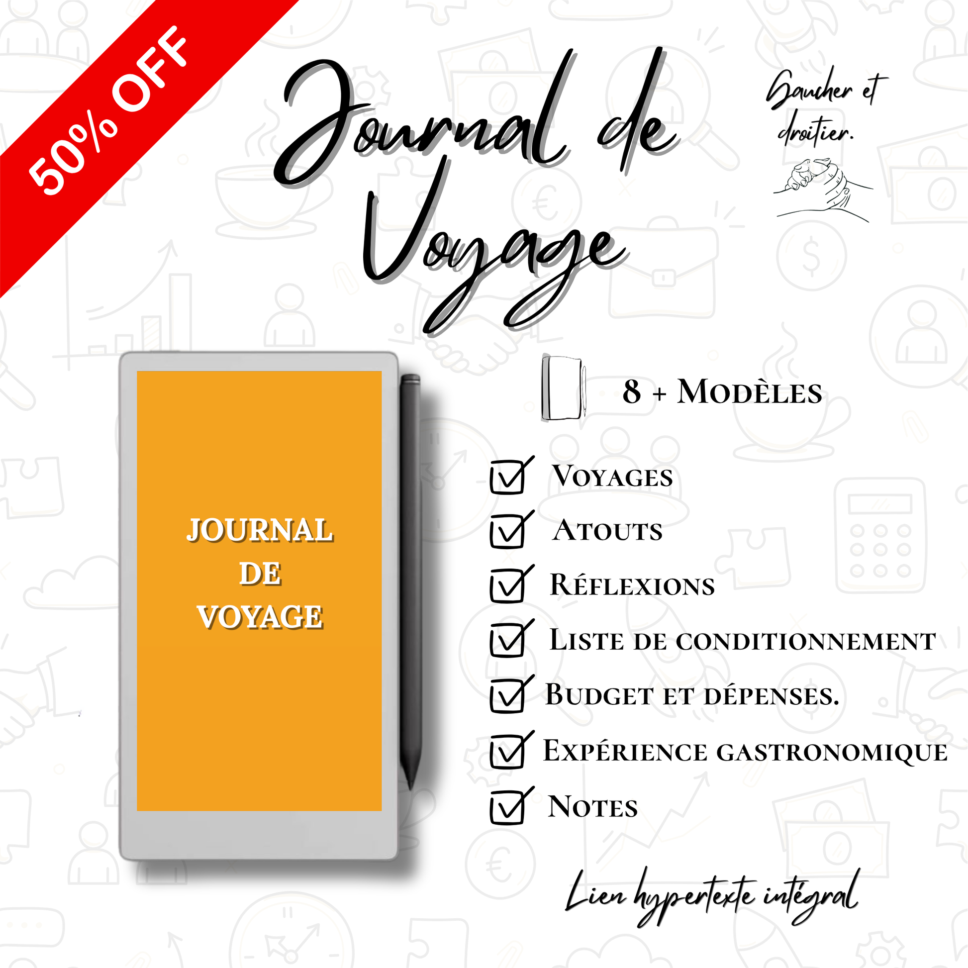 Travel journal with yellow cover and text on a white background
